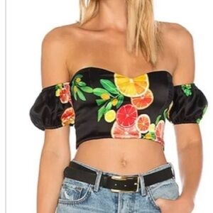 LPA Black Fruit Print Off-Shoulder Crop Top